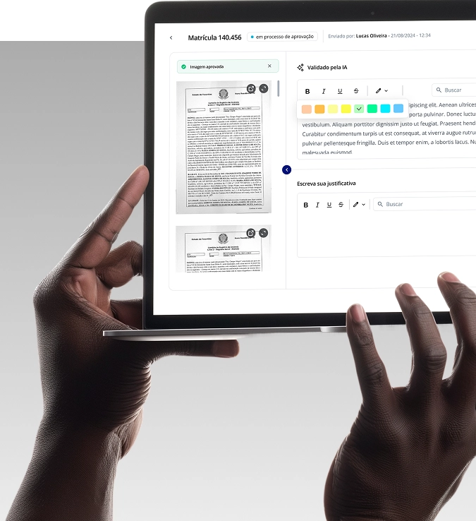 Plataforma IARI exibindo matrícula validada por IA em tablet